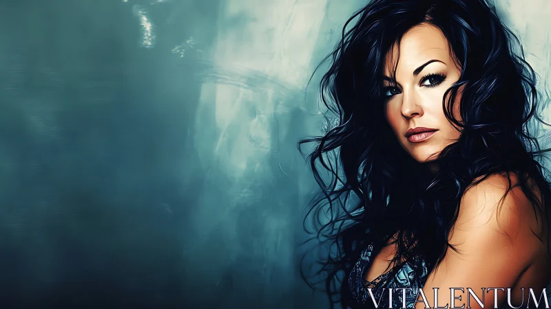 Storm-haired muse against teal mist, painted in whispers.