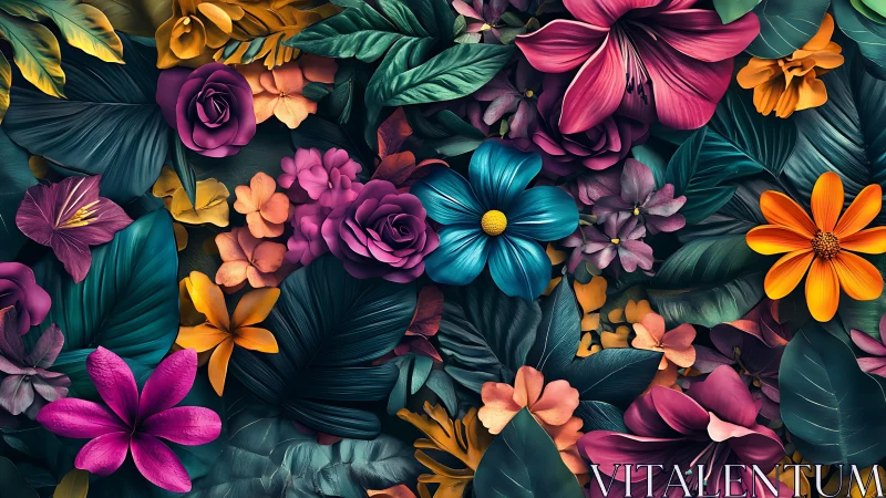 Digital bouquet of multicolored flowers and foliage.