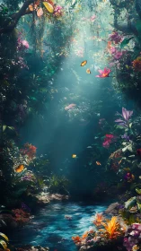 Volumetric light shafts illuminate dense floral jungle stream