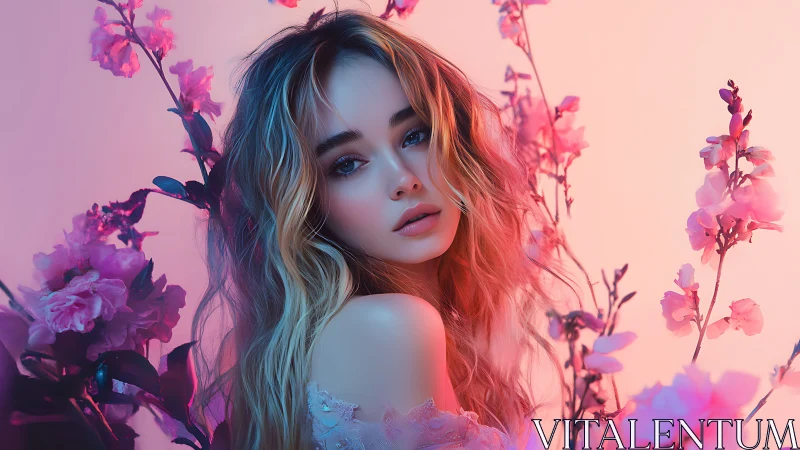 Digital portrait of young woman amid neon pink blossoms