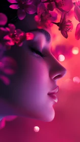 Serene female profile glows amid neon blossoms and bokeh light