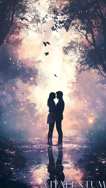 Silhouetted couple beneath forest canopy with birds in flight.