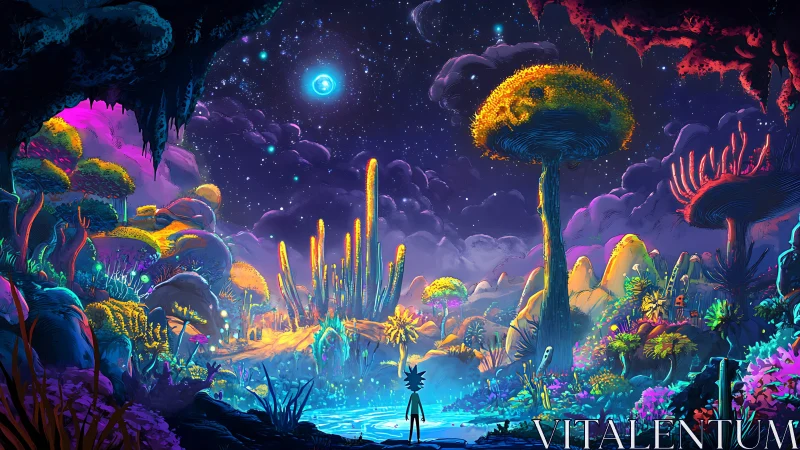 Bioluminescent alien valley under star-dense nebular night sky