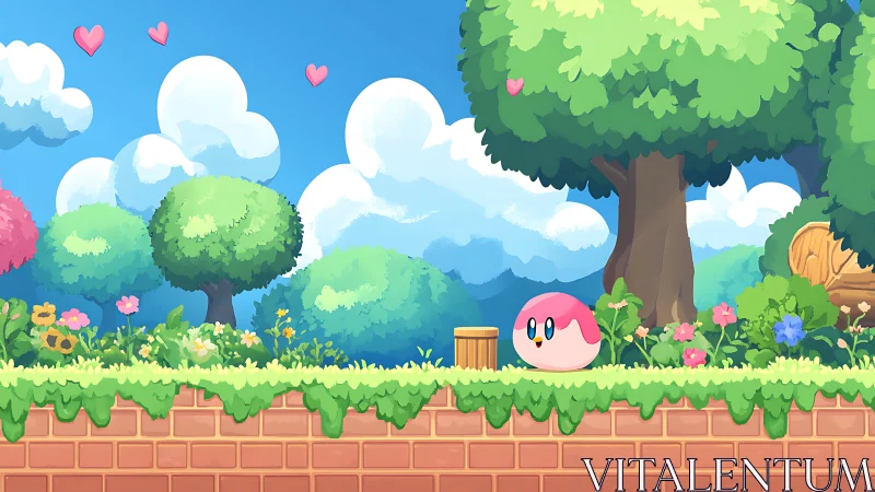 Cute round character in bright side-scrolling forest level.