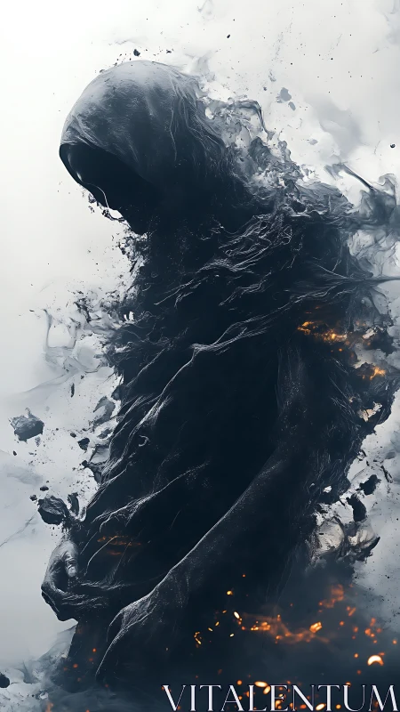 Hooded void wraith dissolving in ash and incendiary embers.