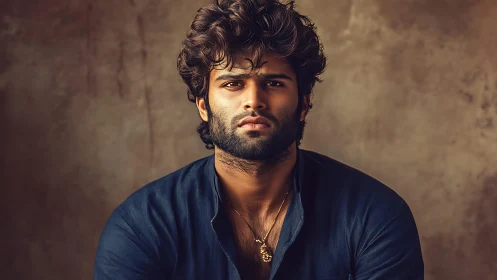 Brooding portrait of bearded man against warm studio backdrop.