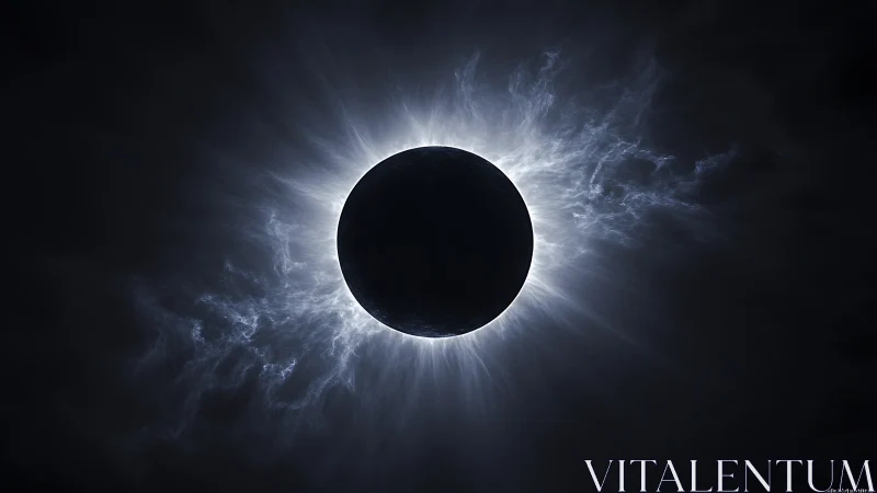 Midnight corona halo around a shadow-silenced eclipse orb.