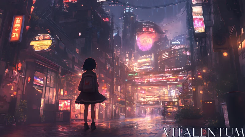 Girl stands in neon lit cyberpunk city street at night.