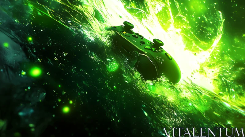 Glowing green game controller surges through liquid energy