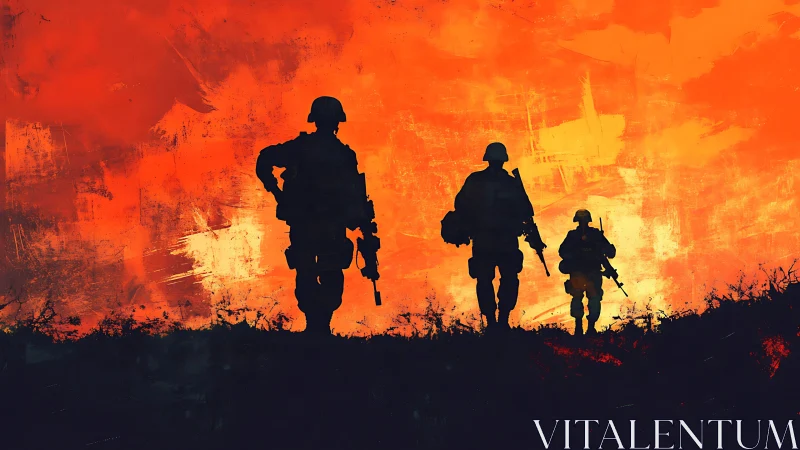 Silhouetted soldiers stride across a burning ember sky.