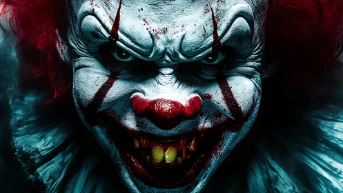 Close frontal portrait of menacing painted clown face.
