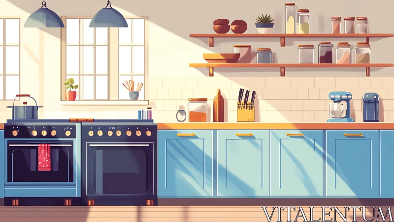 Sunlit blue kitchen interior shows organized modern workspace