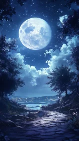 Full moon illuminates rocky path toward distant lakeside town