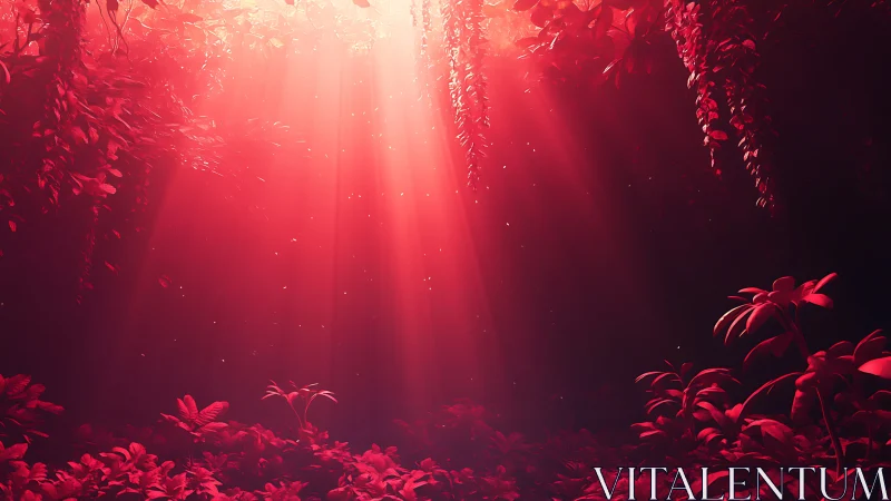 Red-tinted forest canopy with sunlight beams and foliage.
