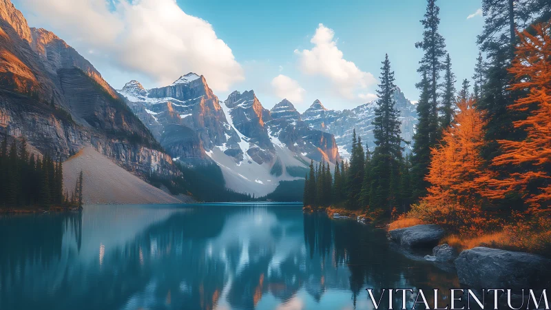 Mountain lake reflects snowy peaks and autumn conifer forest