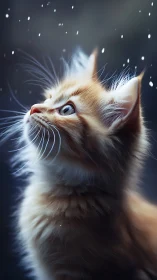 Kitten Gazes Upward Through Falling Snow.