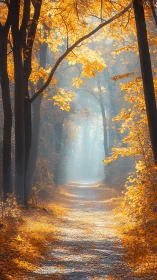 Golden autumn tunnel of trees creates a warm, glowing pathway