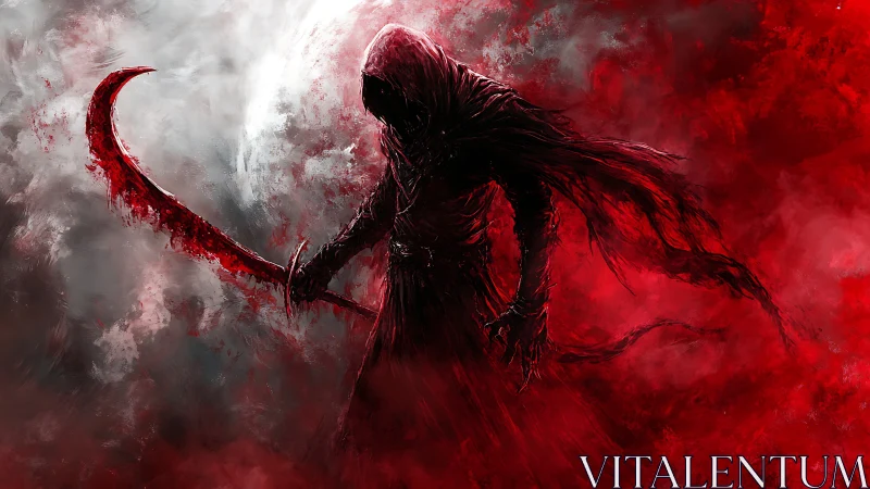 Hooded reaper silhouette with sanguine scythe in vortex storm.