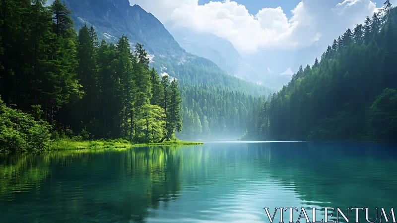 Mountain lake reflects dense conifer forest and distant peaks