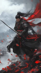 Digital painting of lone crimson-clad samurai on storm cliff.