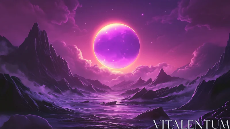 Alien coastline glows beneath a radiant violet moon.