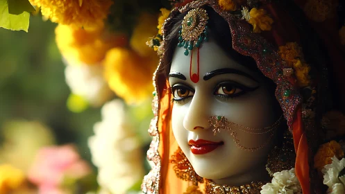 Divine-eyed goddess statue in marigold-splashed morning light.