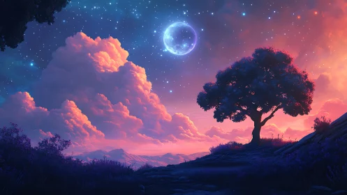 Luminous crescent moon over chromatic dusk tree silhouette.