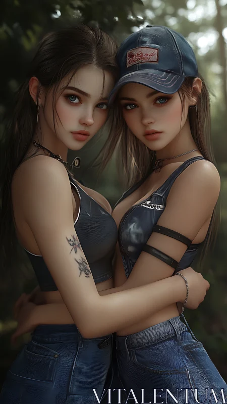 Digital twin girls embrace in forest light portrait.