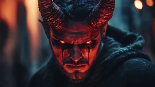 Demonic horned figure in infernal red rim lighting portrait.
