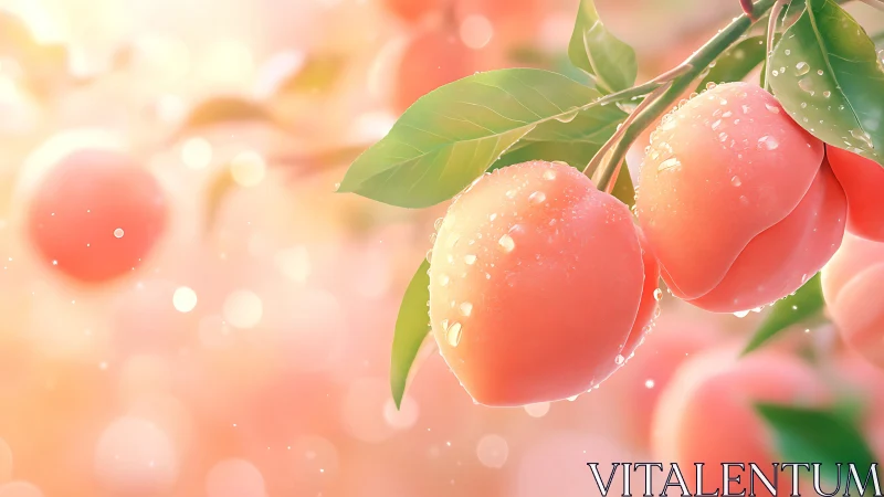 Sunlit dewy peaches glow softly on dreamy orchard branch.