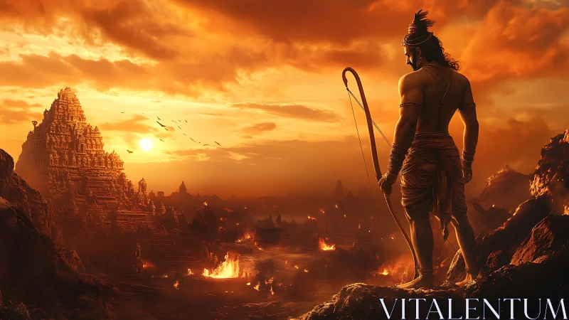 Warrior overlooking burning ancient temple city at sunset