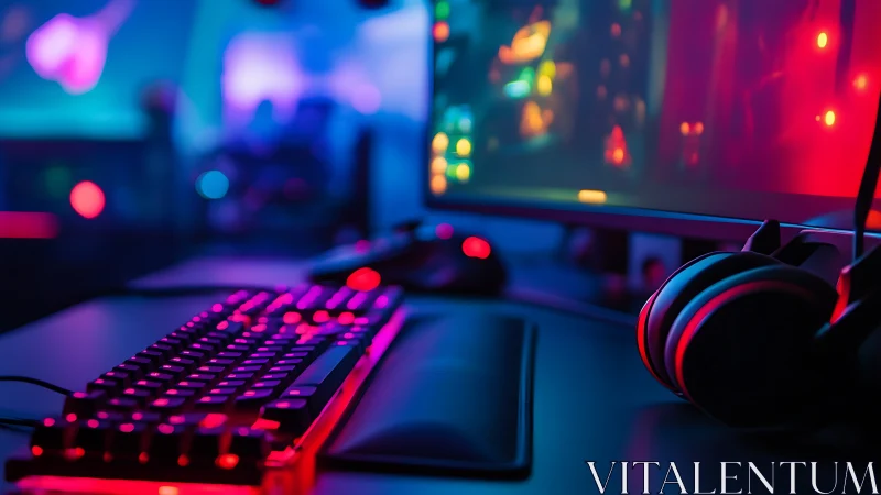 RGB gaming keyboard and headset in neon lit desk setup.
