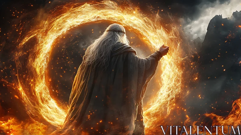 Wizard stands before blazing fiery portal in stormy mountains.
