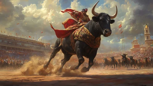 Regal bull rider charging through arena dust and banners.