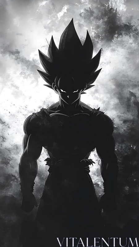High-contrast anime warrior silhouette amid turbulent monochrome clouds