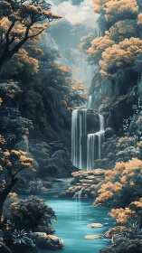 Mystic turquoise waterfall carving through golden forest gorge.