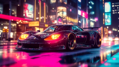 Neon soaked supercar prowls through reflection drenched city streets