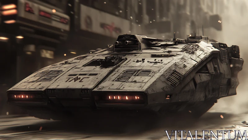 Urban gunship skims dystopian street in cinematic dust storm.