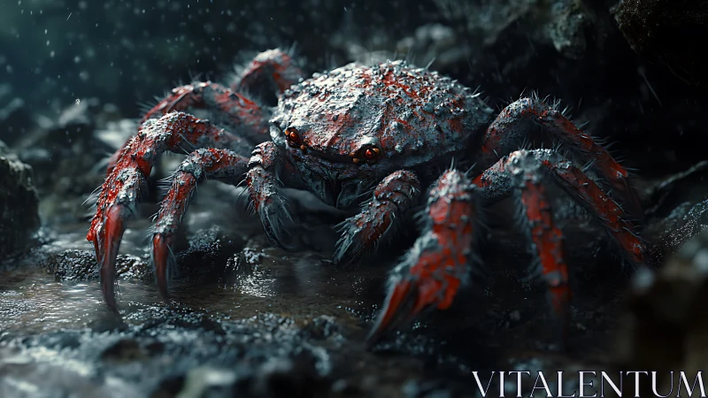 Stormlit tidepool crab braving rain in a rocky cove.