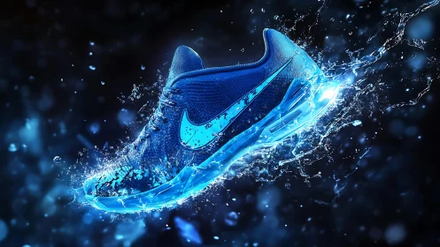 Blue athletic shoe rendered with dynamic water splash effects