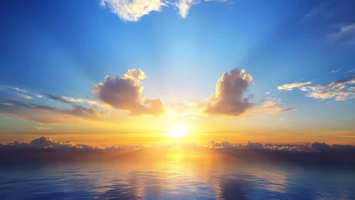 Radiant ocean horizon sunset with luminous cloud formations.