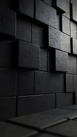 Matte black cubes form staggered geometric relief wall.
