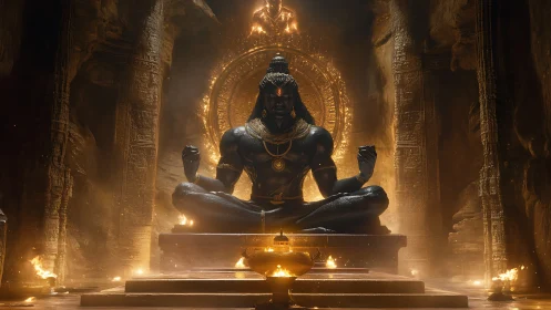 Divine stone deity statue in fiery cavern temple interior.