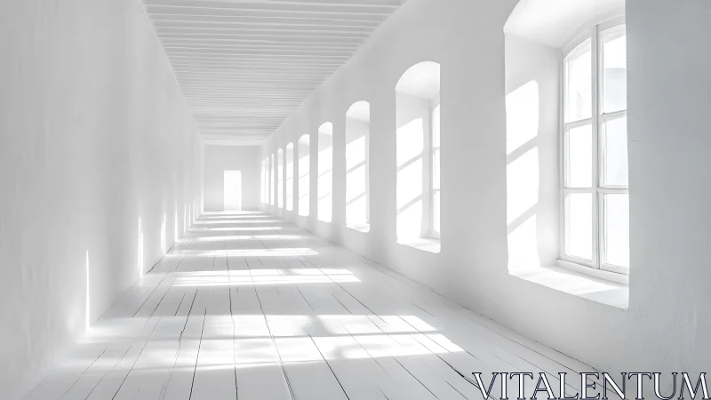 Sunlit white corridor stretches into a tranquil distance.