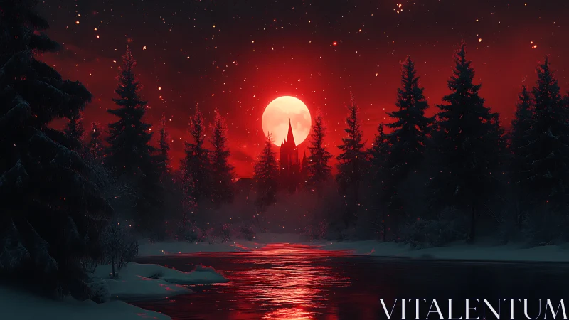 Enchanted red moonrise over a silent winter forest river.
