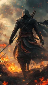 Hooded warrior walks through burning battlefield with swords