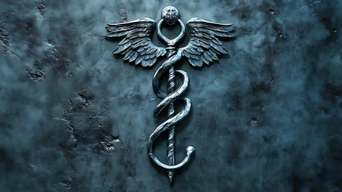 Winged caduceus symbol rendered in metallic blue relief