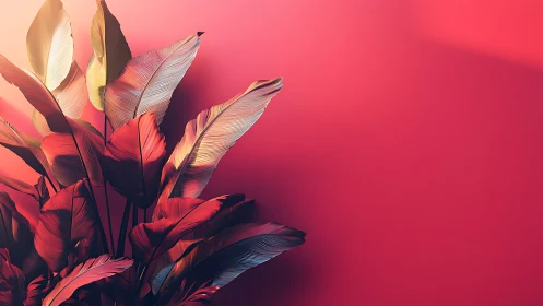 Crimson banana leaves lean into luminous coral silence