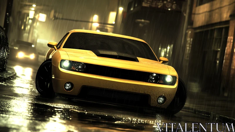 Yellow muscle car on wet nighttime city street in rain.