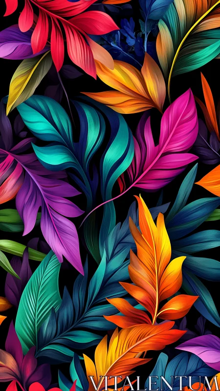 Lush neon jungle leaves glow against deep black background.